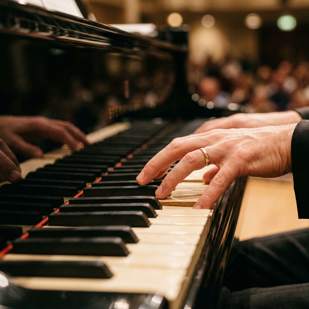 Close-up photograph of a pianist's fingers pressing ivory and ebony piano keys